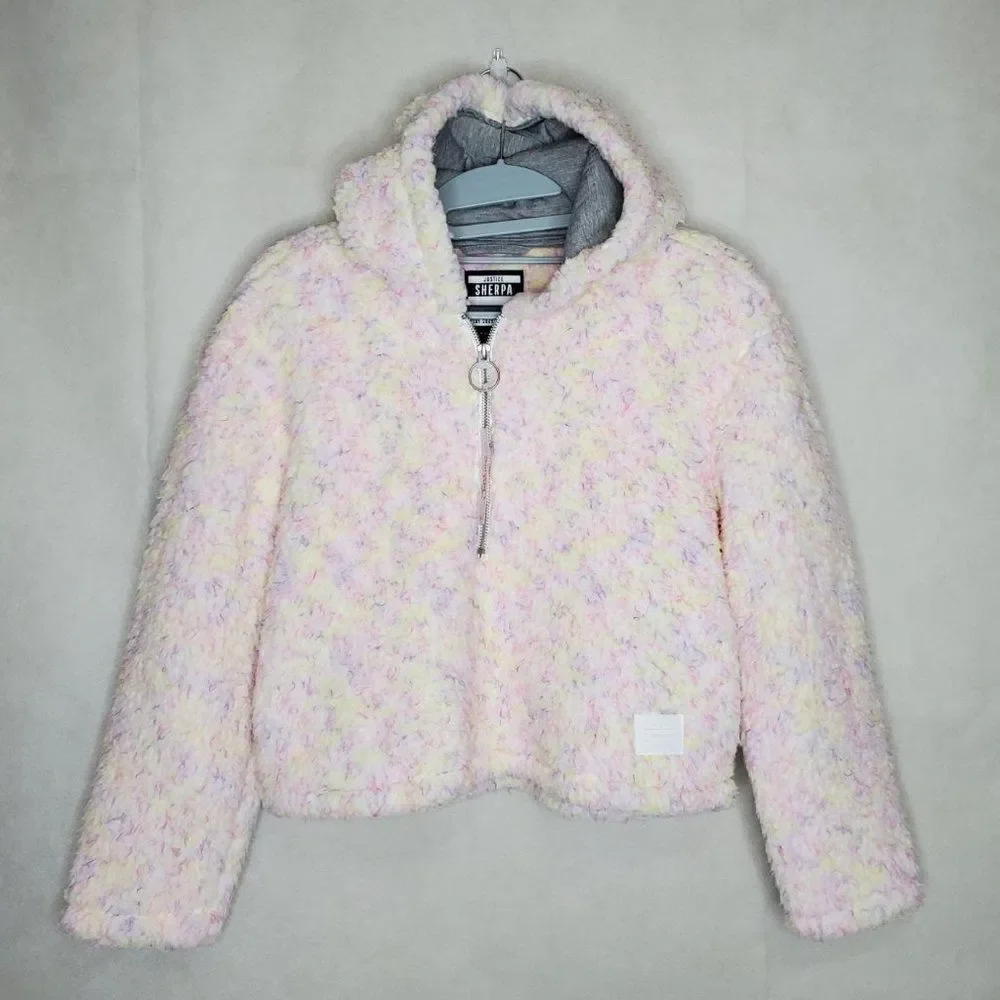 Justice Cotton Candy Pastel Multicolor Hooded Half Zip Sherpa Pullover in Blush